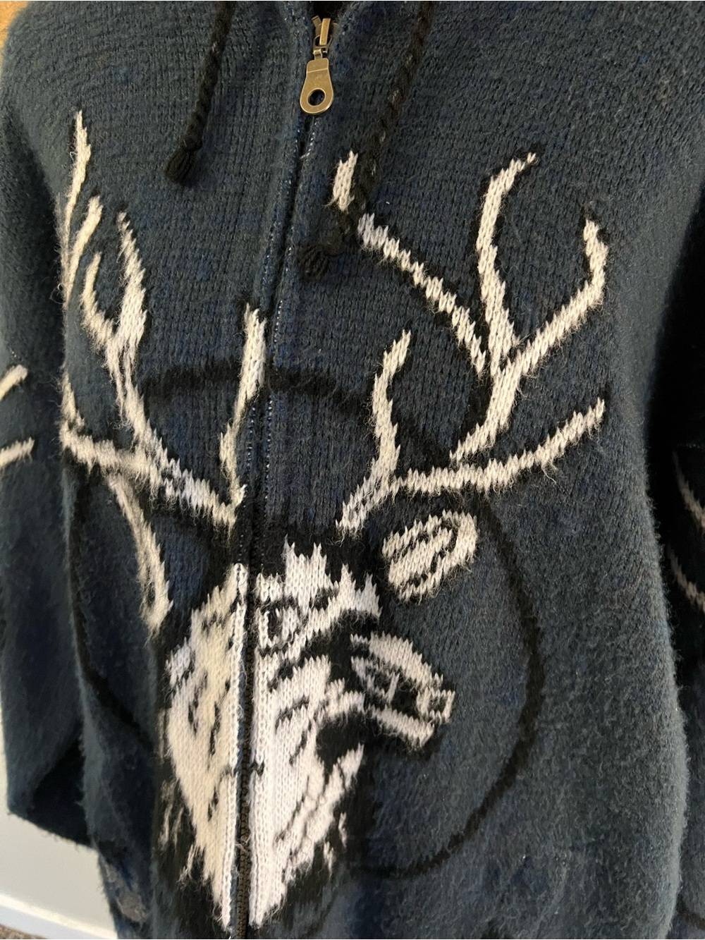 Vintage Tejidos Ruminahui stag deer wool navy hoodie cozy cabincore woodland - Picture 3 of 6